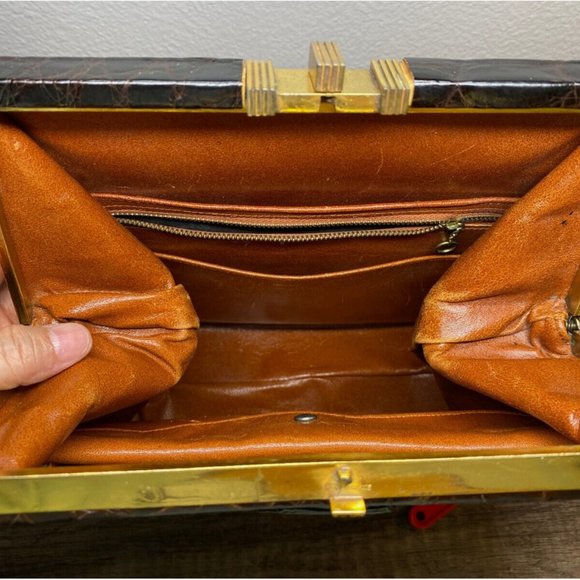 Vintage 1950s Genuine Alligator Crocodile Dark Brown Handbag Rectangular - Picture 8 of 16